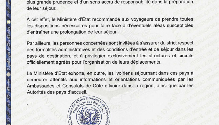 Communiqué à l&rsquo;attention des ivoiriens voyageurs dans le Moyen-Orient